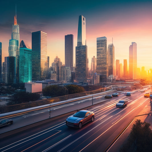 An illustration of a cityscape at sunset with sleek, modern skyscrapers, featuring a large, glowing dashboard in the foreground, displaying a series of gauges, meters, and charts in shades of blue and green.