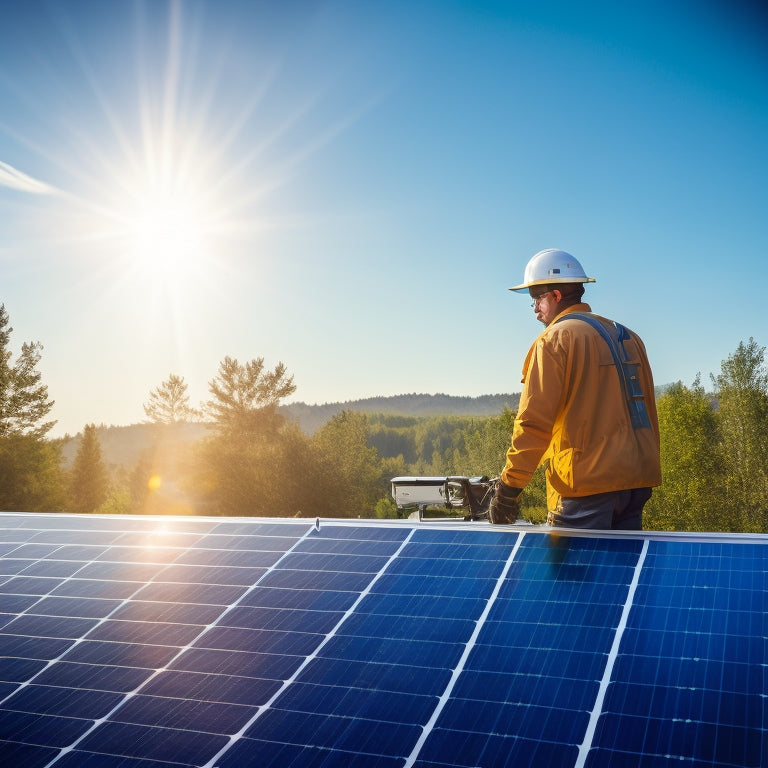 A technician inspecting solar panels on a rooftop, surrounded by lush greenery, with sunlight glinting off the panels, tools in hand, wearing safety gear, and a clear blue sky in the background.