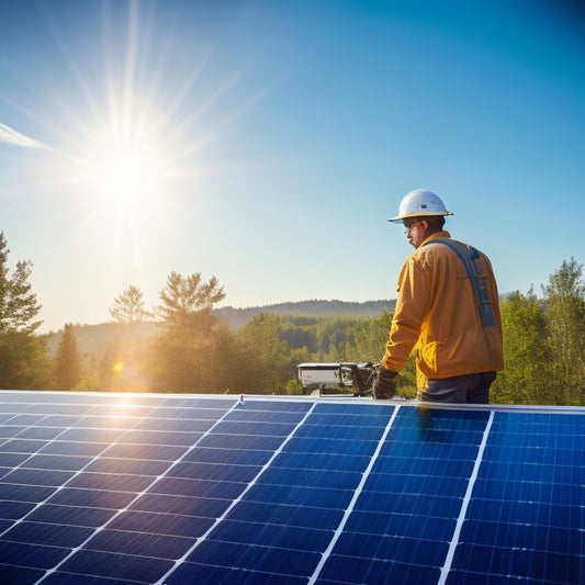A technician inspecting solar panels on a rooftop, surrounded by lush greenery, with sunlight glinting off the panels, tools in hand, wearing safety gear, and a clear blue sky in the background.