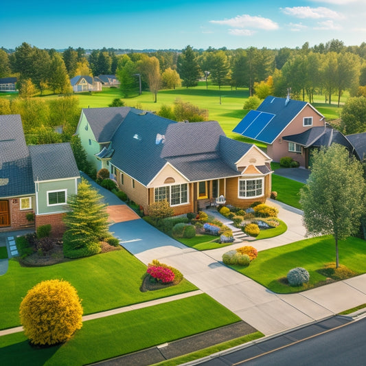 A serene suburban neighborhood with 10 houses, each with a unique solar panel installation, showcasing different cost-saving strategies, such as varying panel angles, roof types, and tree shading.