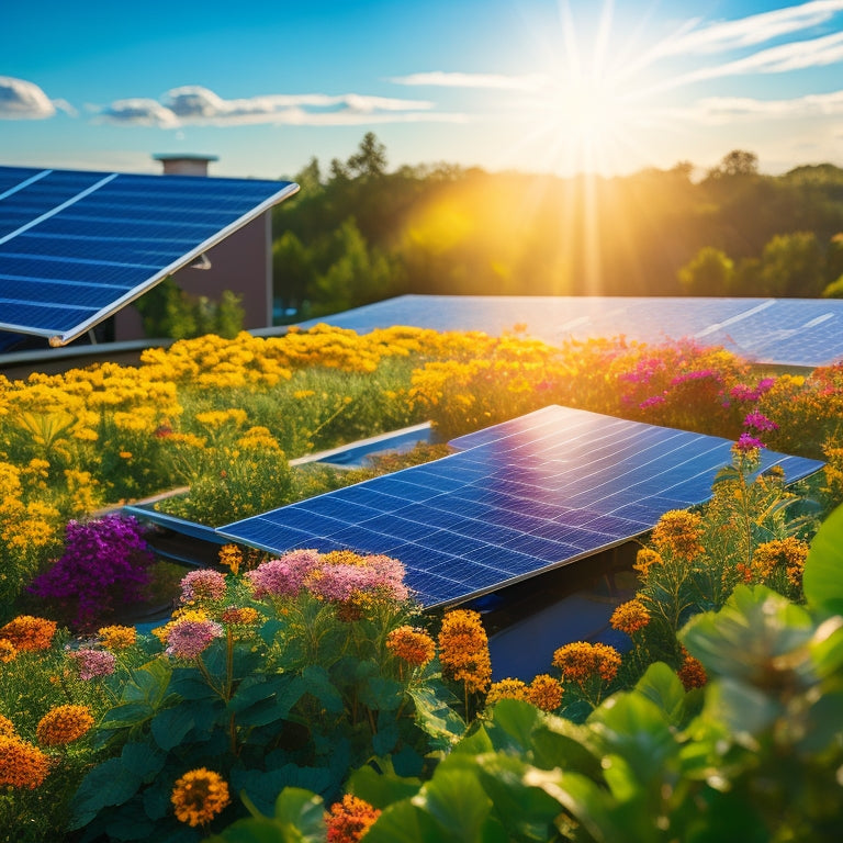 A vibrant solar panel installation on a modern business rooftop, surrounded by lush greenery and blooming flowers, with bees and butterflies fluttering nearby, showcasing energy efficiency and eco-friendliness in harmony with nature.