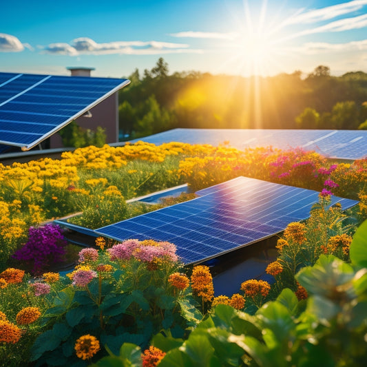 A vibrant solar panel installation on a modern business rooftop, surrounded by lush greenery and blooming flowers, with bees and butterflies fluttering nearby, showcasing energy efficiency and eco-friendliness in harmony with nature.