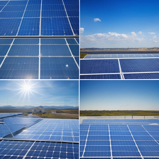 A photorealistic image of a commercial building rooftop with various solar panel systems installed, each with different sizes, angles, and configurations, set against a bright blue sky with fluffy white clouds.