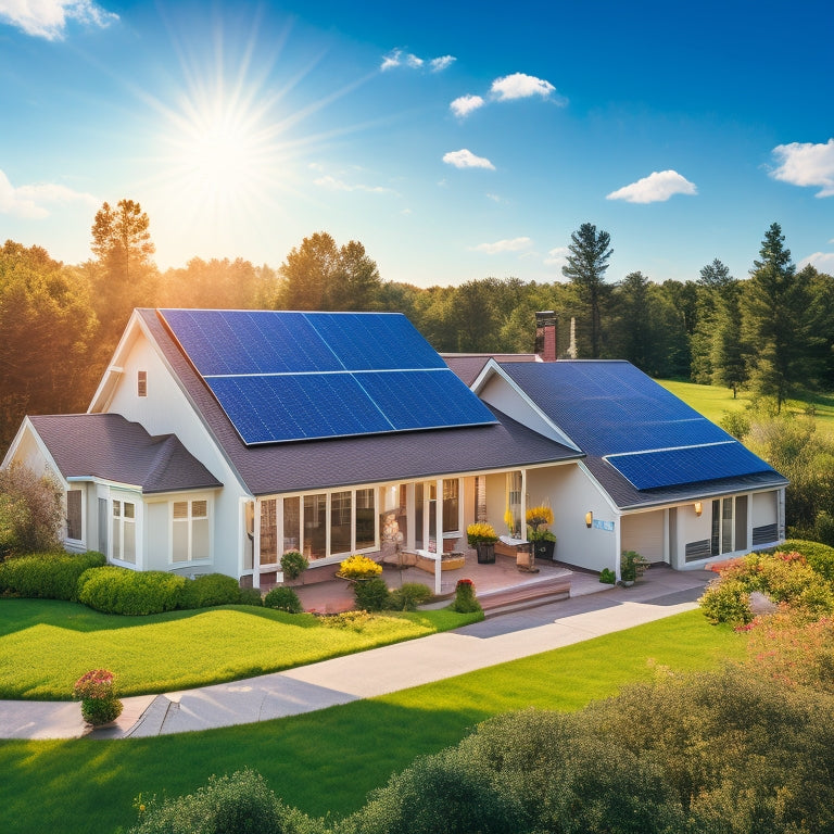 A serene suburban home with a pitched roof, adorned with 10-12 solar panels in a staggered formation, surrounded by lush greenery and a bright blue sky with a few puffy white clouds.