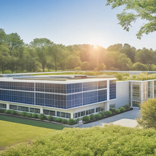 A vibrant office building with solar panels on the roof, surrounded by greenery, employees collaborating outdoors, electric vehicles charging, and bright sunlight illuminating the scene, showcasing sustainability and innovation in business operations.