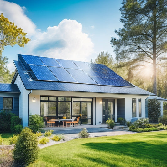 A serene suburban home with a sloping roof, covered in a mix of shiny black and sleek silver solar panels, surrounded by lush greenery and a bright blue sky with a few puffy white clouds.