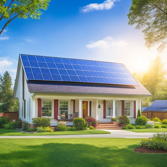 A serene suburban home with a mix of solar panels and traditional roofing, surrounded by lush greenery, under a bright blue sky with a few puffy white clouds.