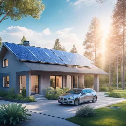 A modern suburban home with sleek solar panels on the roof, surrounded by lush greenery, a bright sun shining overhead, and electric vehicles charging in the driveway, illustrating sustainable energy solutions.