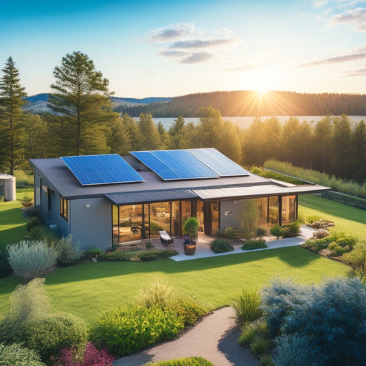 A serene landscape featuring a modern off-grid home with solar panels on the roof, surrounded by lush greenery, vegetable gardens, and a clear blue sky, showcasing a harmonious blend of nature and sustainable technology.