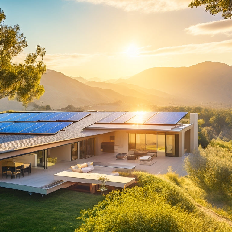 A modern California home with a rooftop covered in sleek solar panels, surrounded by lush greenery and bathed in golden sunlight, set against a clear blue sky with distant mountains. Workers installing panels visible.