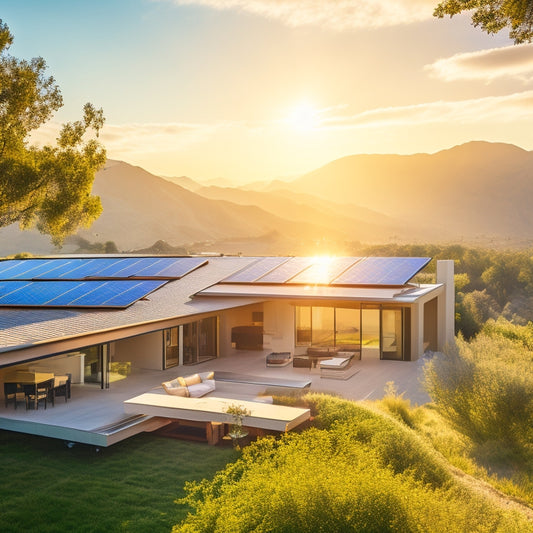 A modern California home with a rooftop covered in sleek solar panels, surrounded by lush greenery and bathed in golden sunlight, set against a clear blue sky with distant mountains. Workers installing panels visible.