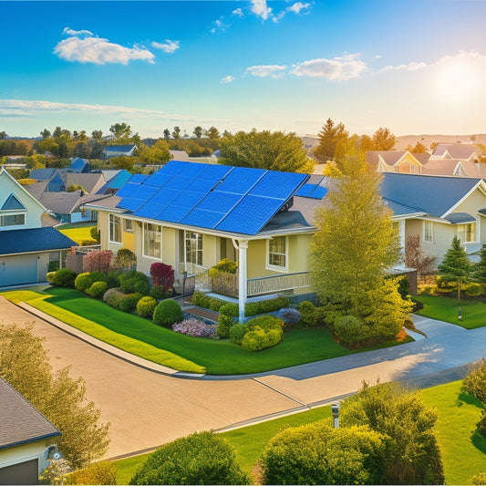 A serene suburban neighborhood with various houses, each featuring a distinct rooftop solar panel installation, showcasing different sizes, angles, and mounting systems, set against a bright blue sky with few white clouds.