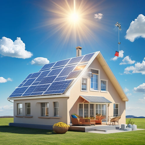 An illustration of a house with solar panels on the roof, surrounded by icons of money-saving elements like a piggy bank, a hammer, and a checklist, set against a bright blue sky with fluffy white clouds.