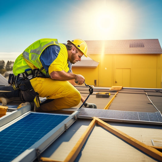 A photograph of a roofer in a yellow hard hat and harness, measuring and marking a residential roof with a tape measure and chalk, surrounded by solar panels and tools.