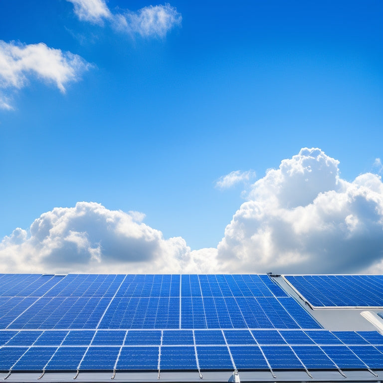 A bright blue sky with fluffy white clouds, a modern rooftop with sleek black solar panels installed, and a subtle grid of lines and icons representing cost estimates in the foreground.