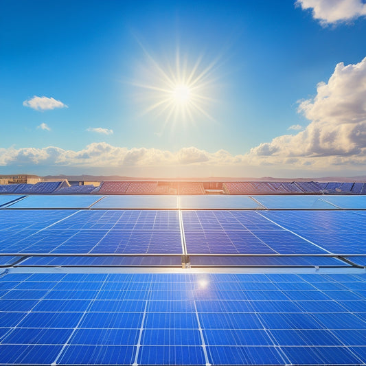 A photorealistic illustration of a modern rooftop with multiple rows of sleek, high-efficiency commercial solar panels in various sizes, set against a bright blue sky with a few wispy clouds.
