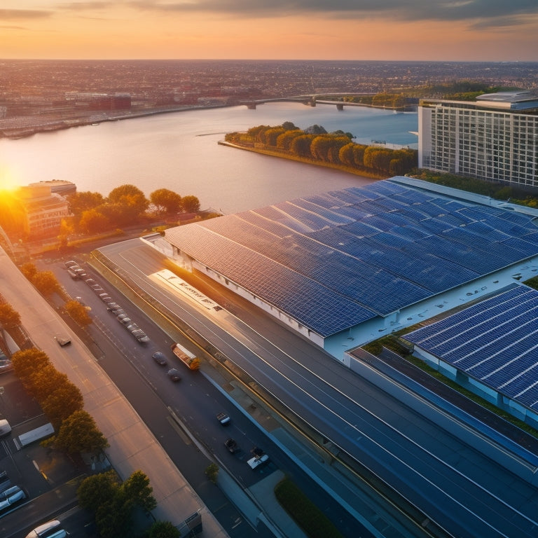 Aerial view of a large, modern office building with a sleek, silver roof covered in rows of sleek, black solar panels, surrounded by a bustling cityscape at sunset.