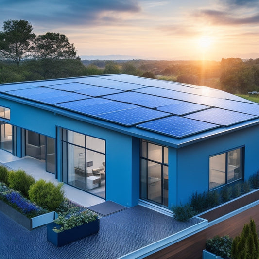 A sleek, modern rooftop with flush-mounted, frameless solar panels in a gradient of iridescent blues, seamlessly integrating into the architecture of a minimalist, eco-friendly home.