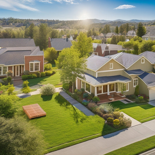 A bright, sunlit suburban neighborhood showcasing homes with solar panels on rooftops, vibrant gardens, and a clear blue sky, highlighting the contrast between solar installations and traditional houses, emphasizing eco-friendliness and modern living.