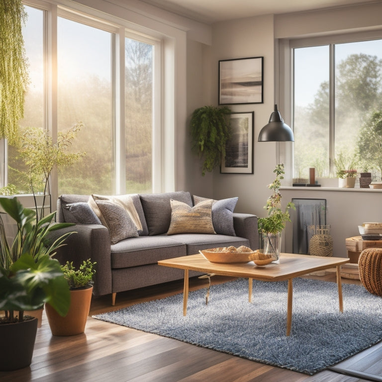 A cozy living room featuring energy-efficient windows, LED lighting, a smart thermostat, and indoor plants, with sunlight streaming in, highlighting modern insulation and a sleek, solar panel roof visible through the window.