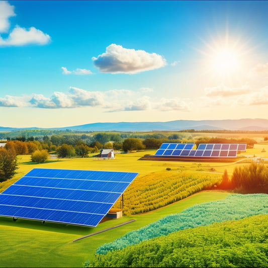A serene landscape featuring solar panels on rooftops, wind turbines on rolling hills, and a vibrant community garden, all under a bright blue sky with fluffy clouds, symbolizing sustainable energy independence.