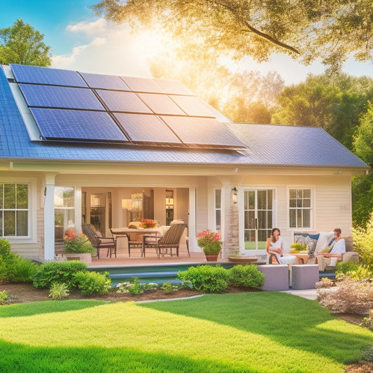 A serene suburban home with solar panels on the roof, surrounded by lush greenery. Sunlight glistens on the panels, while a family reviews financial documents on the porch, highlighting sustainability and savings.