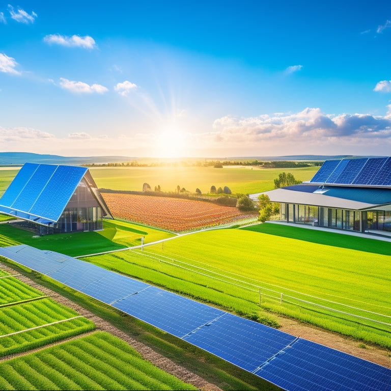 A vibrant solar farm with gleaming panels under a bright blue sky, surrounded by lush green fields, wind turbines in the distance, a modern house with solar panels on the roof, and a sunny landscape symbolizing energy independence.