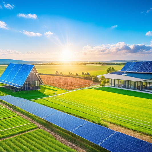 A vibrant solar farm with gleaming panels under a bright blue sky, surrounded by lush green fields, wind turbines in the distance, a modern house with solar panels on the roof, and a sunny landscape symbolizing energy independence.