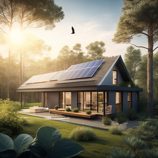 An illustration of a modern, eco-friendly home with a solar panel array on the roof, surrounded by lush greenery, with a subtle sunburst in the background and a few birds flying overhead.