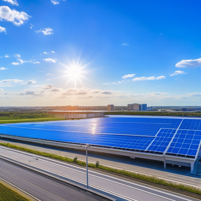 A serene landscape with a large, modern commercial building in the background, its rooftop covered with sleek, black solar panels, amidst a bright blue sky with a few puffy white clouds.