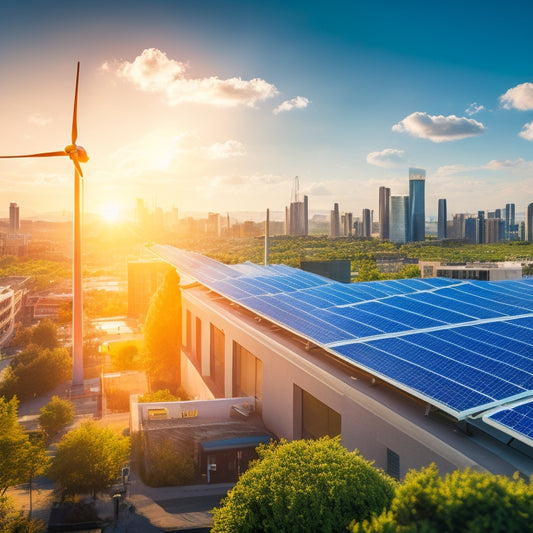A vibrant cityscape showcasing solar panels on rooftops, wind turbines in the background, green walls on buildings, and electric vehicle charging stations, all under a clear blue sky, emphasizing sustainable energy solutions.