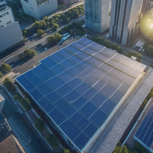 Aerial view of a commercial building rooftop with solar panels installed, surrounded by city skyscrapers, with a subtle green glow effect to represent sustainability and eco-friendliness.