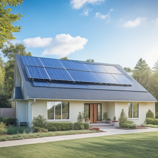 A serene suburban home with a mixture of solar panels on the roof, showcasing various sizes, shapes, and installation angles, surrounded by lush greenery and a bright blue sky with a few white clouds.