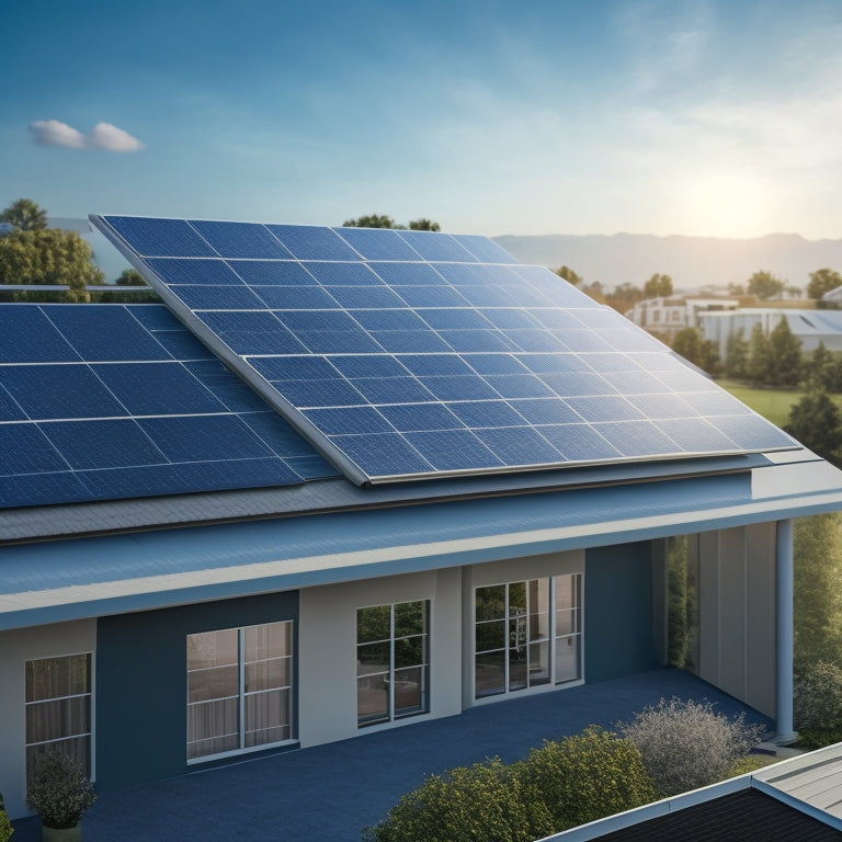 An illustration of a residential rooftop with 5-7 solar panels in varying shades of blue and silver, with a subtle greenery background and a sunny sky with fluffy white clouds.