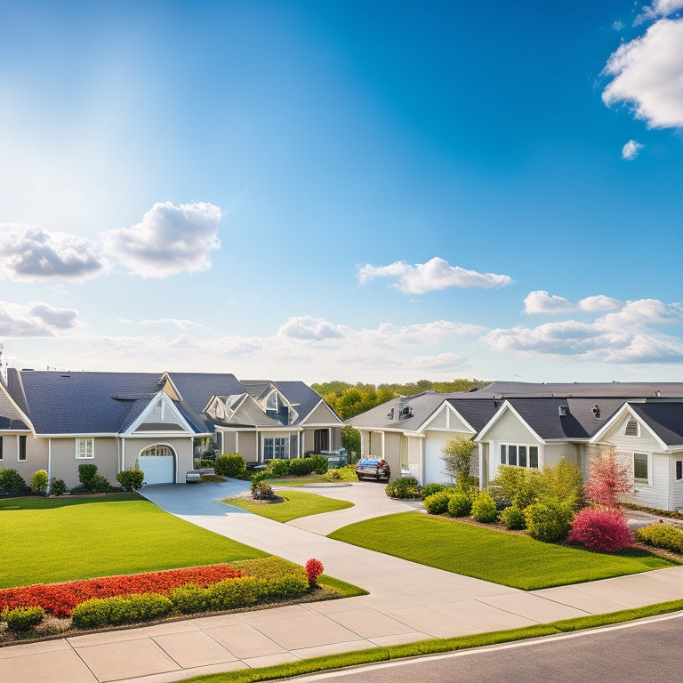 A serene suburban neighborhood with sleek, modern houses featuring rooftop solar panels, sunbeams radiating from behind fluffy white clouds, and a bright blue sky with a few wispy cirrus clouds.