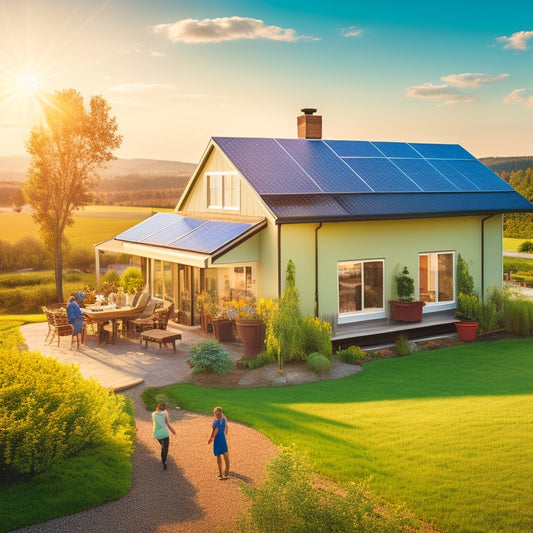 A sun-drenched landscape featuring diverse solar panel installations on rooftops and fields, surrounded by lush greenery, a small eco-friendly home, and happy families enjoying the outdoors, symbolizing sustainability and affordability.
