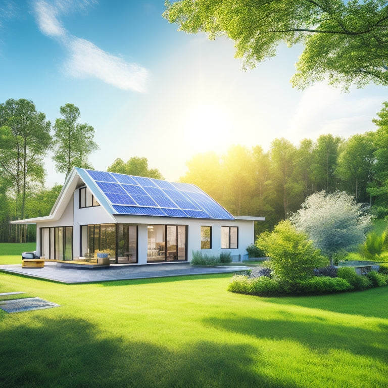 A serene landscape with a modern house, solar panels on the roof, and a bright blue sky with a few white, puffy clouds, surrounded by lush green trees and a sunny glow.