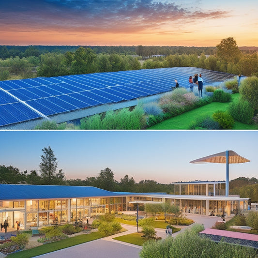 A vibrant community center surrounded by solar panels, wind turbines, and lush greenery, with people engaging in activities. A rooftop garden thrives with diverse plants, while energy-efficient lights softly illuminate the space at dusk.