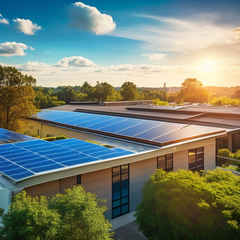 A modern solar rooftop installation on a commercial building, showcasing sleek solar panels with the backdrop of a sunny sky, surrounded by other buildings and lush greenery.