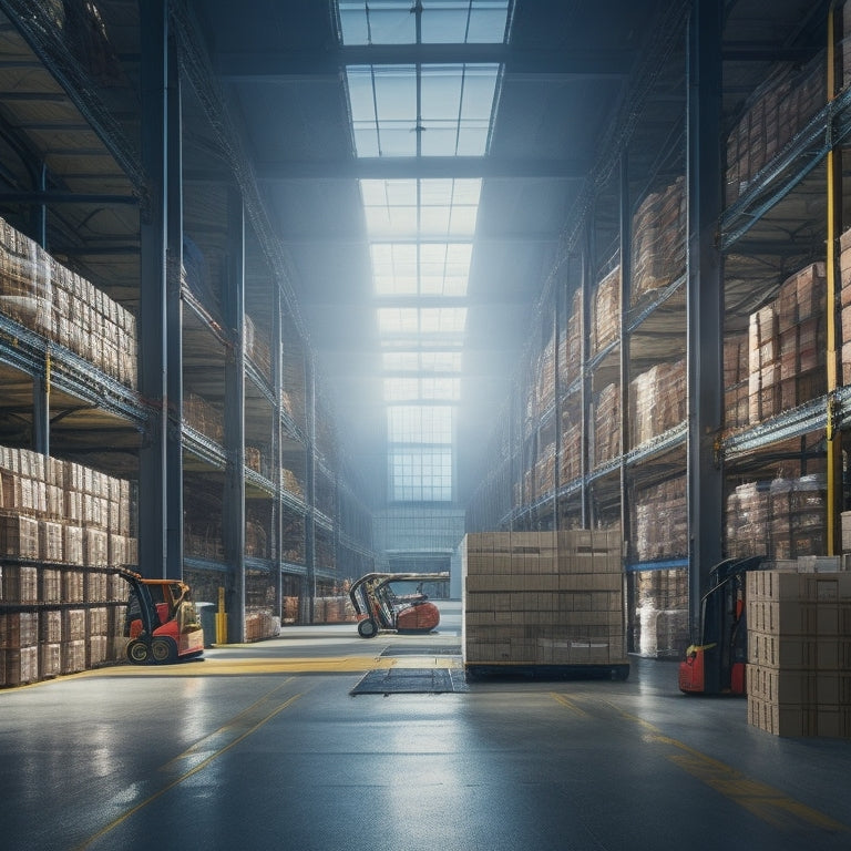 A sprawling industrial facility with rows of shelves stacked high with sleek, black solar panels, illuminated by natural light pouring in through skylights, with forklifts and crates in the background.