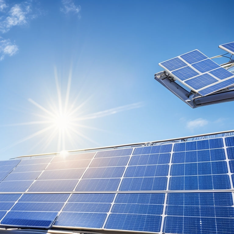 A close-up of solar panels glistening under the sun, with a background of clear blue sky. In the foreground, a stack of dollar bills and coins, balancing on the edge of a solar panel.