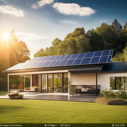 A radiant sun shining over a sleek, modern house with solar panels on the roof, surrounded by lush greenery, with a laptop and smartphone displaying solar support service websites in the foreground.