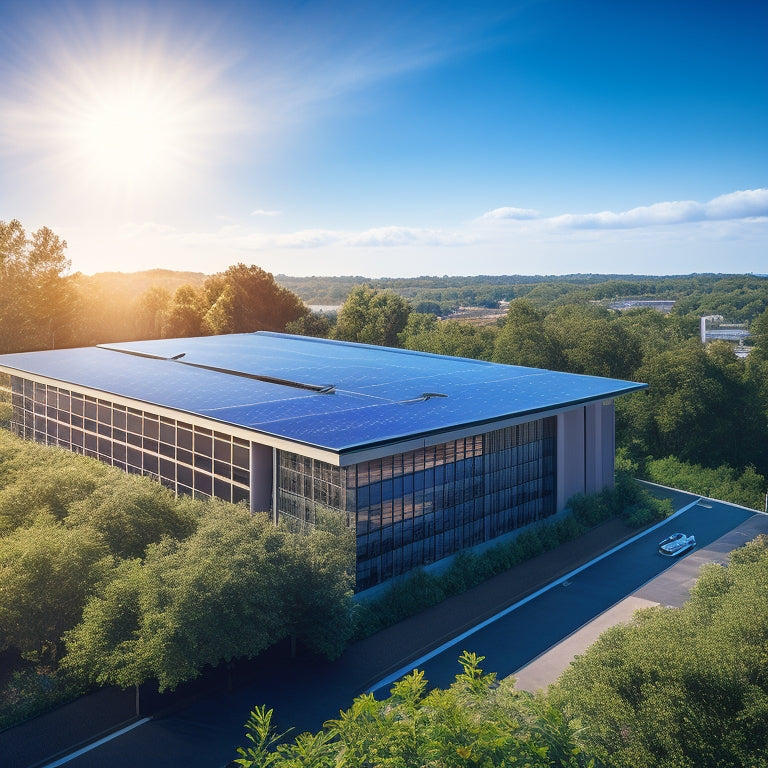 A serene office building with solar panels on its rooftop, surrounded by lush greenery and a bright blue sky, with a subtle hint of a cityscape in the background.