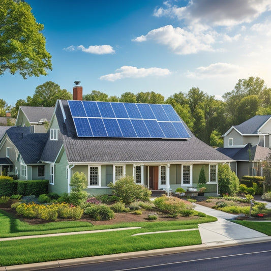 A serene suburban neighborhood with five houses, each featuring a different solar panel installation, varying in panel size, color, and mounting style, surrounded by lush greenery and a bright blue sky.