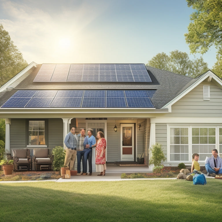 A suburban home with solar panels on the roof, sunlight beaming down, a family looking at a financial chart, and an array of dollar bills floating around to symbolize costs.