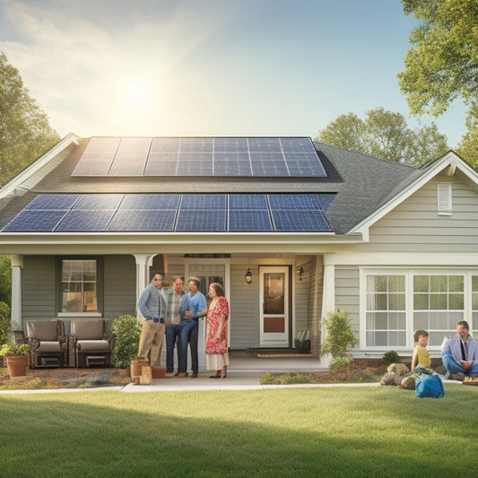 A suburban home with solar panels on the roof, sunlight beaming down, a family looking at a financial chart, and an array of dollar bills floating around to symbolize costs.