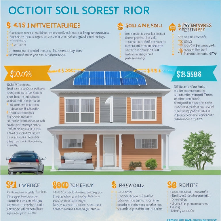 A detailed infographic showing a breakdown of home solar energy setup costs: solar panels, installation, inverters, permits, and maintenance, illustrated with icons, dollar signs, and a home silhouette under a bright sun.