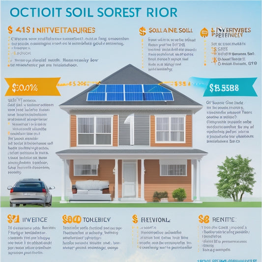 A detailed infographic showing a breakdown of home solar energy setup costs: solar panels, installation, inverters, permits, and maintenance, illustrated with icons, dollar signs, and a home silhouette under a bright sun.