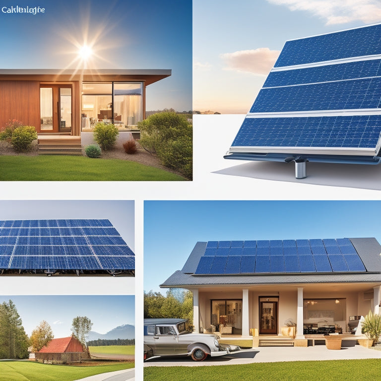 A modern home with solar panels installed on the roof, a laptop displaying a solar panel comparison website, a shopping cart icon, sunlight shining brightly, and a person holding a solar panel catalog.