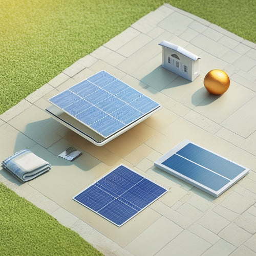 An illustration of a single solar panel on a white background, with a subtle grid of lines and a faint dollar sign pattern in the background, surrounded by small, intricate diagrams of a house and a wallet.